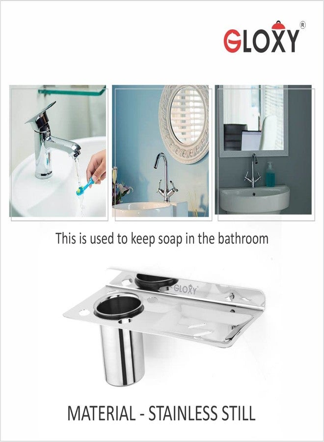 GLOXY ENTERPRISE Wall Mount Stainless Steel Toothbrush Holder with Soap Dish, Tumbler Holder with Soap Dispenser, Usable for Bathroom and Wash Basin Area, Bathroom Accessories -(Pack of 1) - Image 2